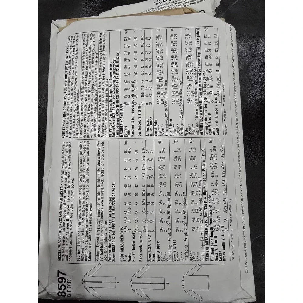 Simplicity 8597 Sewing Pattern Misses Petite Dress and Unlined Jacket Size 12-18